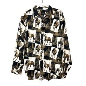 Vintage Cotton Traders Sport Horse‎ Print Button Up Long Sleeve Shirt AOP NOS